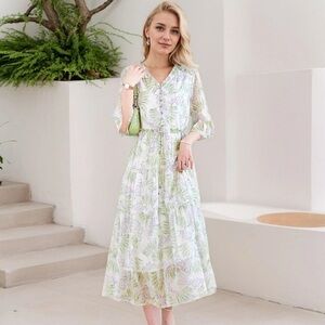 Silk Floral Print Dress Gentle For Vacation 100% Silk M-L MSRP $279 SK1